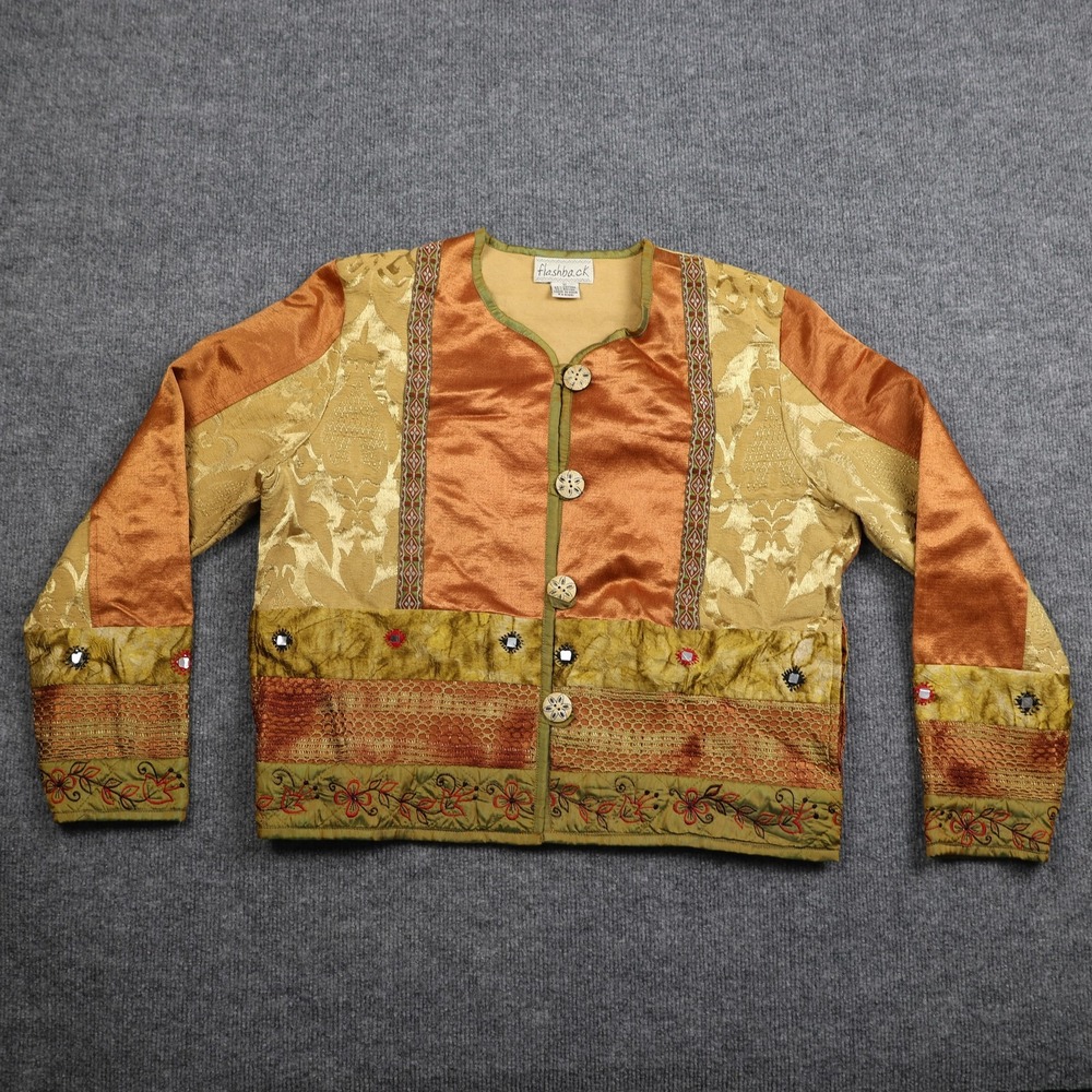 Flashback Jacket Womens Medium Gold Green Embroidered Patchwork‎ Boho India